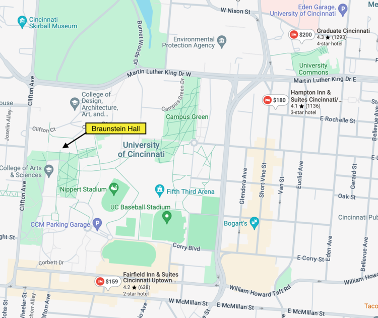 Map of University of Cincinnati campus and nearby hotels