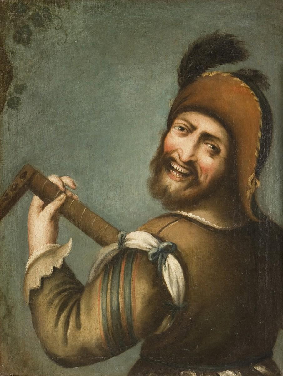 a midevil painting of a crazed man paying a guitar