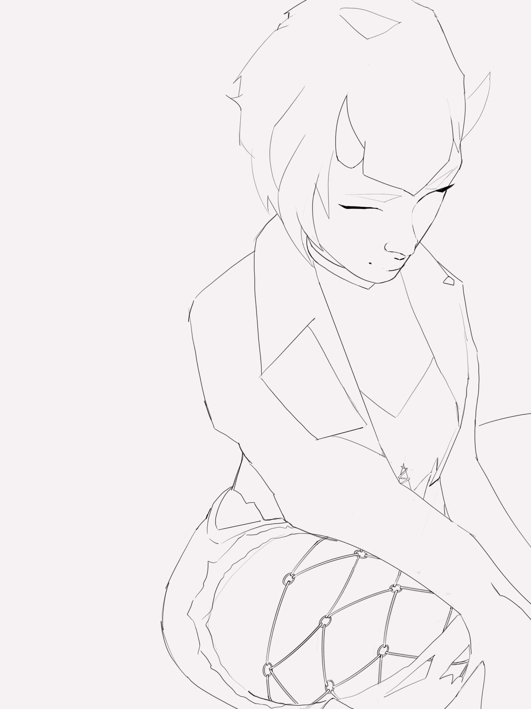  A line art outline of a girl with horns and tail, squatting.