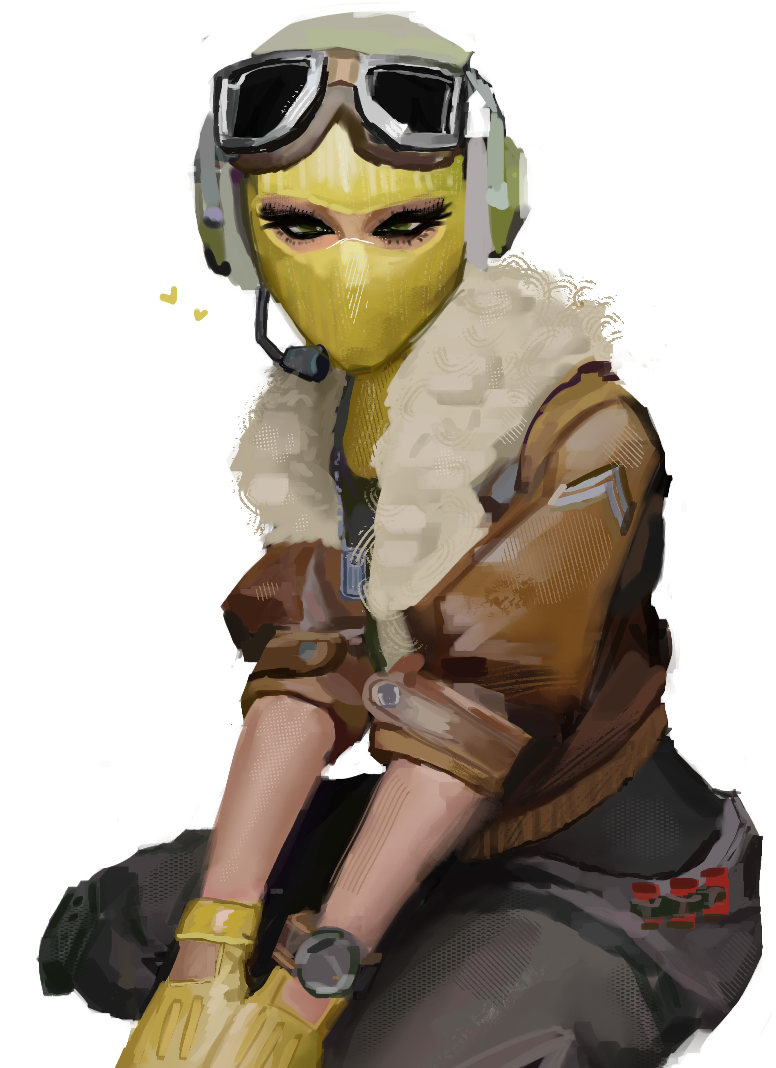 A lady squatting with a yellow facemask and fluffy brown aviator jacket.