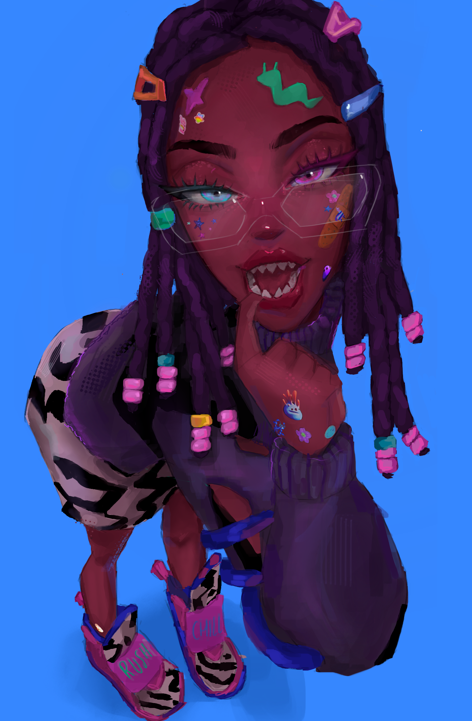A drawing of a girl in a blue background
