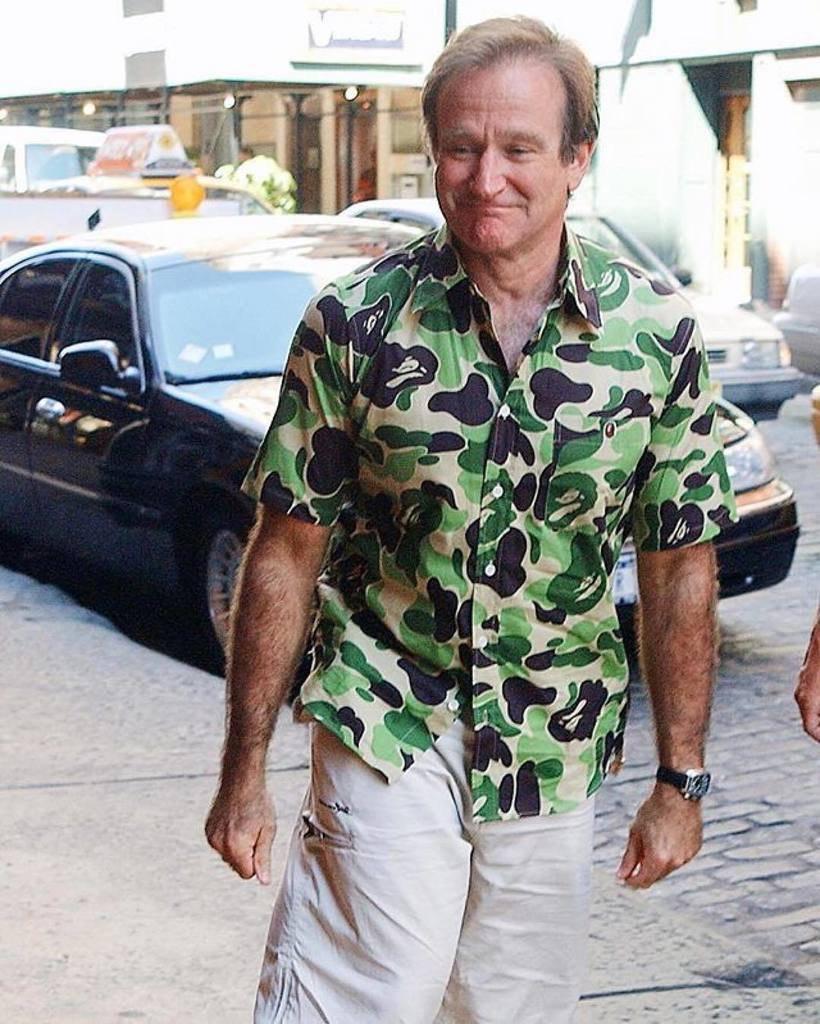 Robin Williams wearing green Bape camo button up