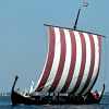 A red and white masted Viking ship