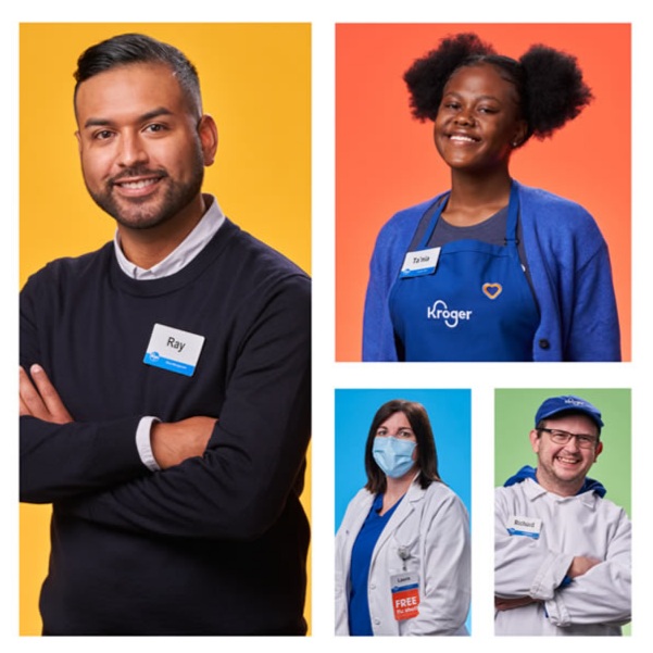 Image of 4 Kroger workers from different departments on variously colored backgrounds.