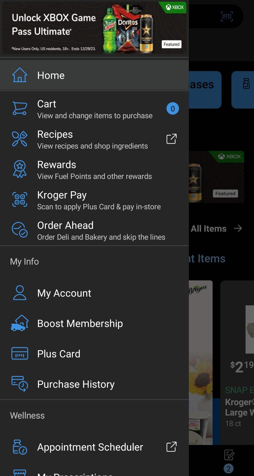 Image of the home page of the Kroger App on Android with the sidebar extended.