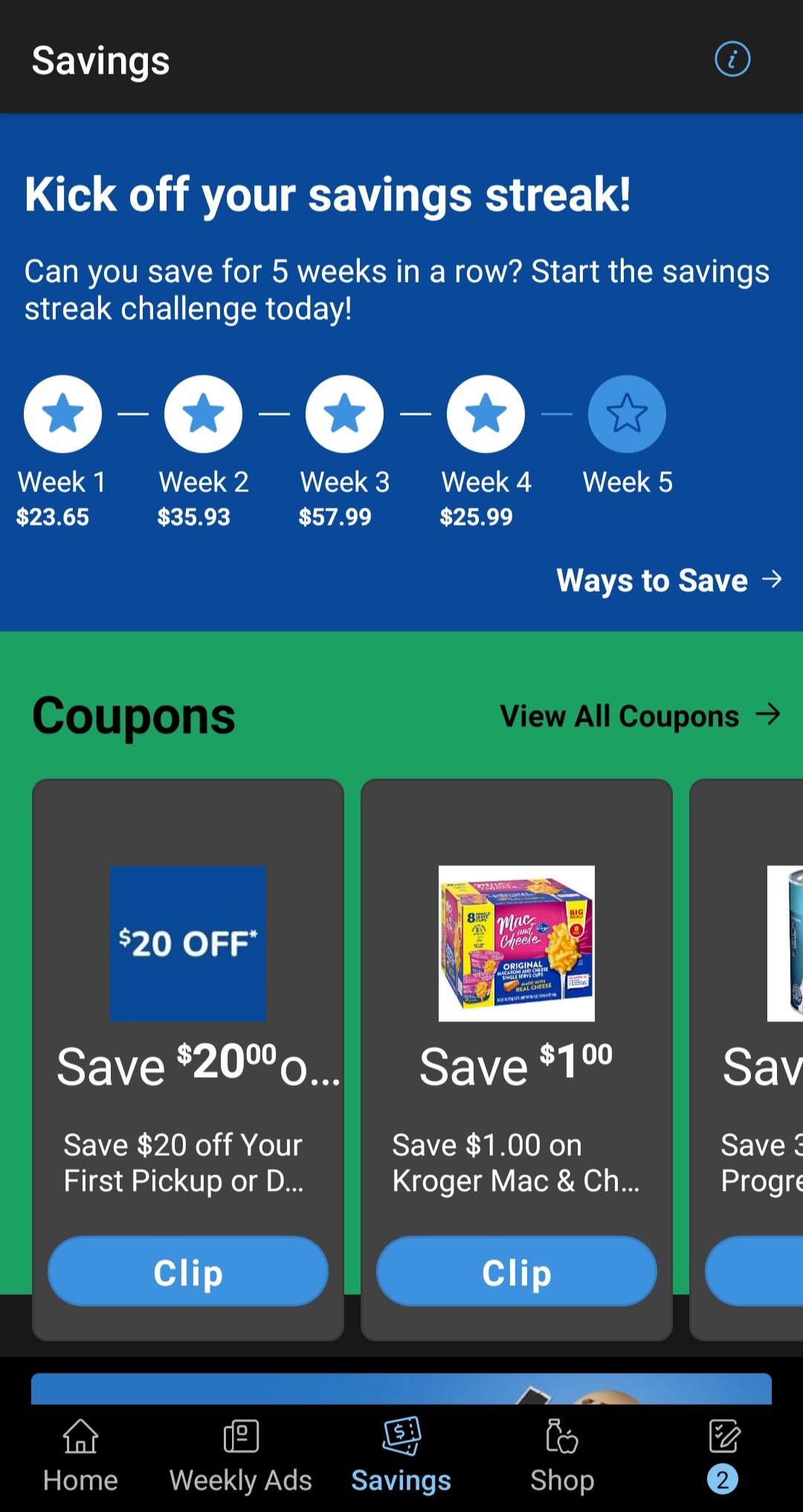 Image of the home page of the Kroger App on Android with the sidebar extended.