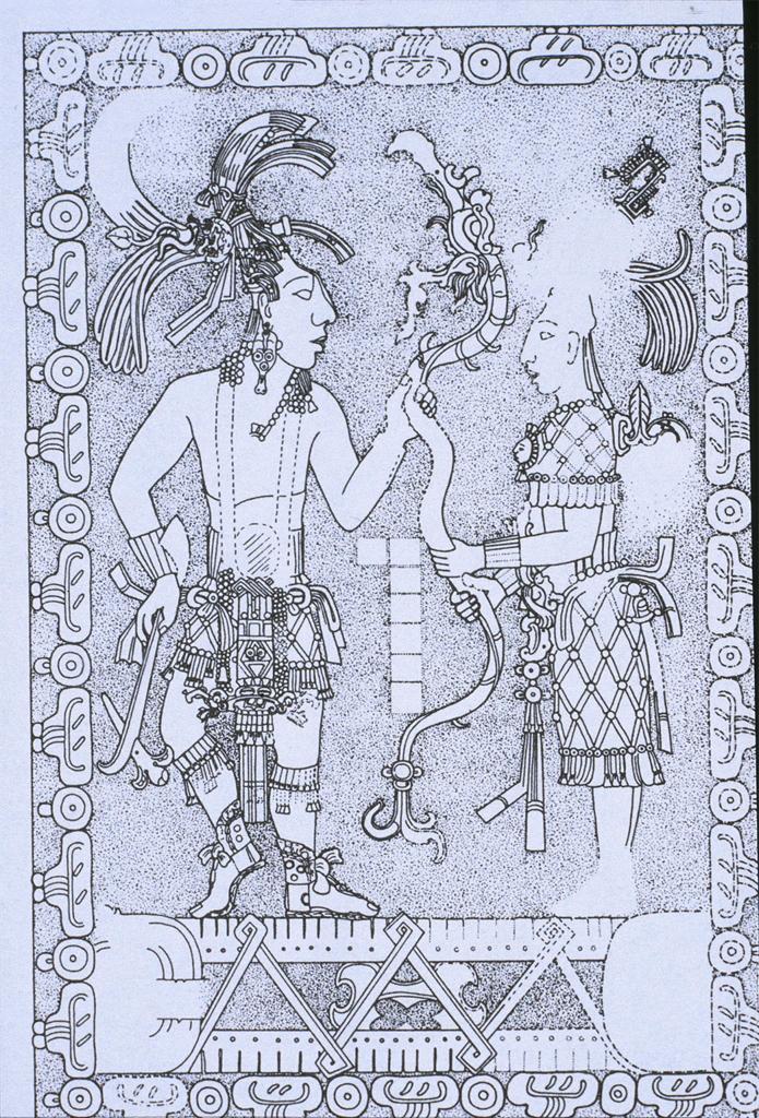 Drawing of relief showing Pakal performing the Snake Dance with a woman (from ArtStor.org)