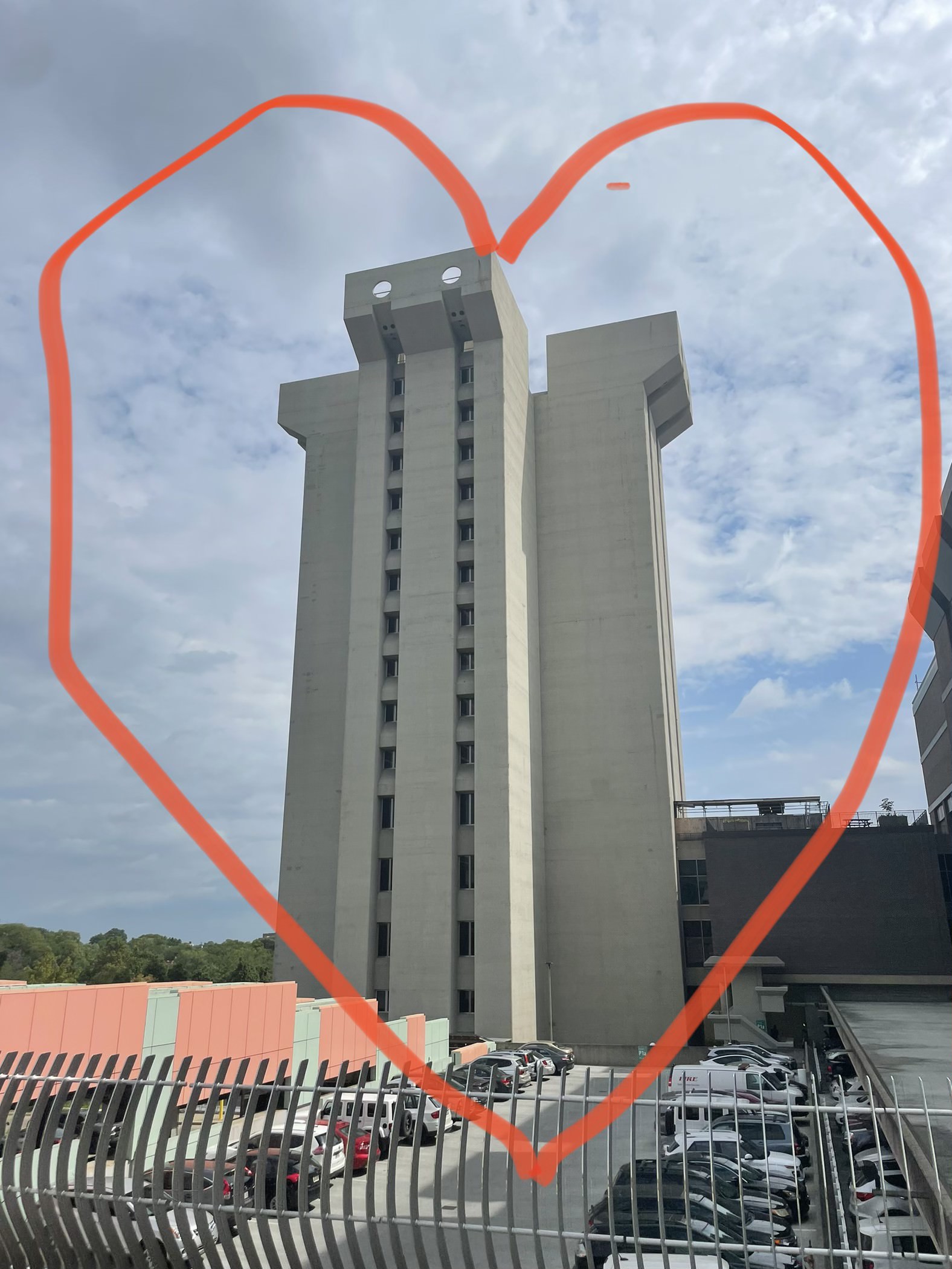 Photograph of Crosley Tower, with a heart drawn over it