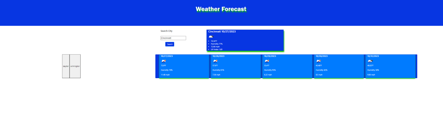 A display image of a project, Weather Dashboard, developed by Alex Wright