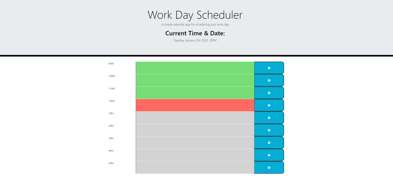 A display image of a project, Work Day Scheduler, developed by Alex Wright